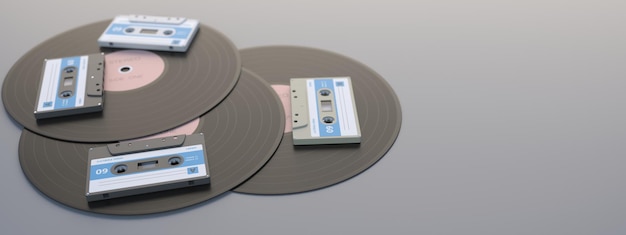 Cassette audio retrò e dischi in vinile su sfondo grigio spazio 3d illustrazione