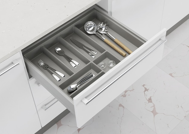 Cassetto della cucina aperto con utensili da cucina. Stoccaggio e organizzazione della cucina. rendering 3D.