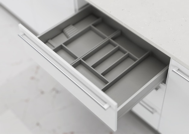 Cassetto della cucina aperto con utensili da cucina. Stoccaggio e organizzazione della cucina. rendering 3D.