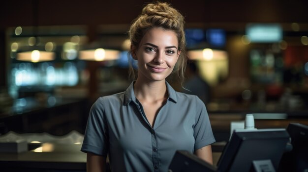 Cassiera sorridente al bancone con il tablet digitale in negozio