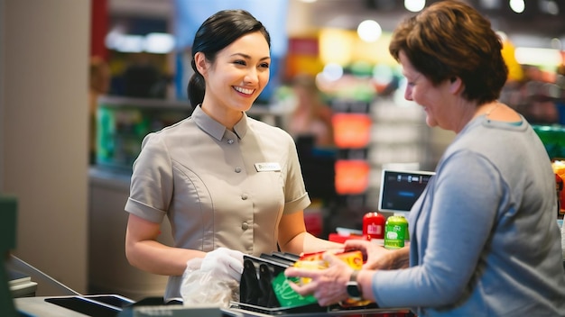 Cassiera sorridente con l'acquirente al banconote del supermercato