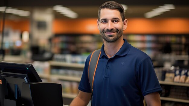 Cassiere maschio sorridente al bancone con il tablet digitale in negozio