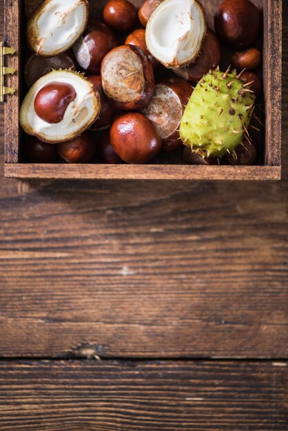 Castagne autunnali in cassetta di legno