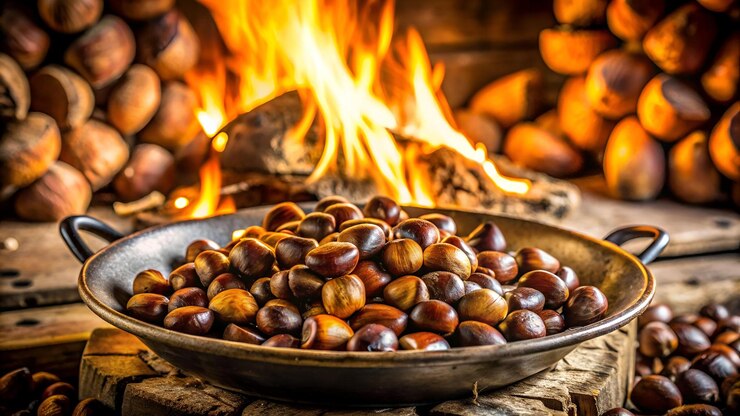 Foto castagne sul fuoco del caminetto fumanti