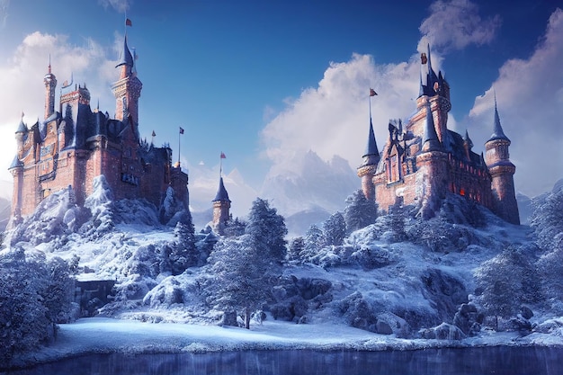 Castelli di fantasia con alberi innevati in inverno