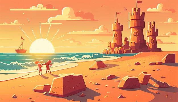 Castelli di sabbia e tramonti Un'illustrazione giocosa IA generativa