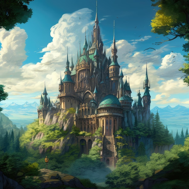 castello da favola fantasy anime cartoon nella foresta con un alto tetto a punta