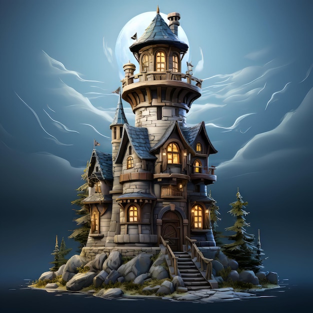 Castello da favola fantasy nell'illustrazione 3d della foresta