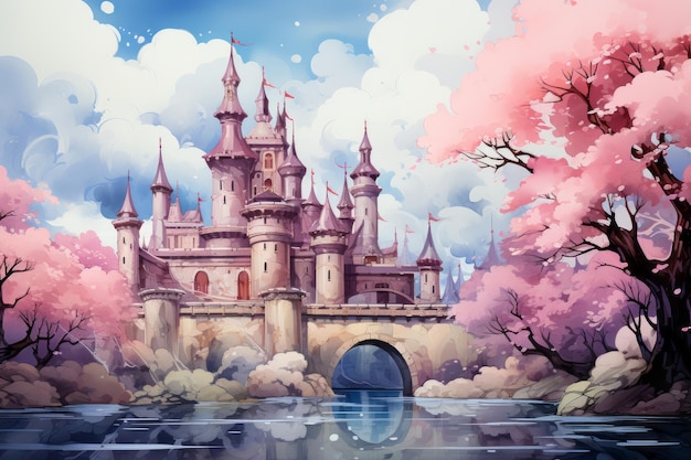 Castello della principessa Castello rosa magico tra le nuvole Mondo fantastico Paesaggio da favola Castello dei cartoni animati in ...