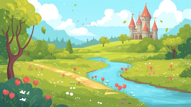 castello di cartoni animati sulla montagna con illustrazione di un fiume
