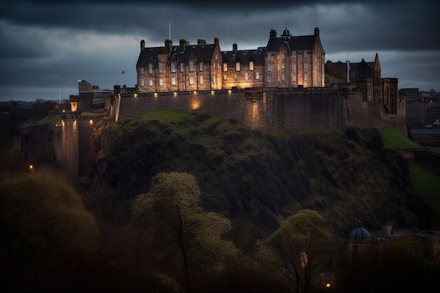 Castello di Edimburgo di notte con un cielo scuro e alberi