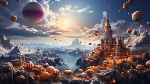 Castello di fantasia con palloncini ad aria calda che galleggiano