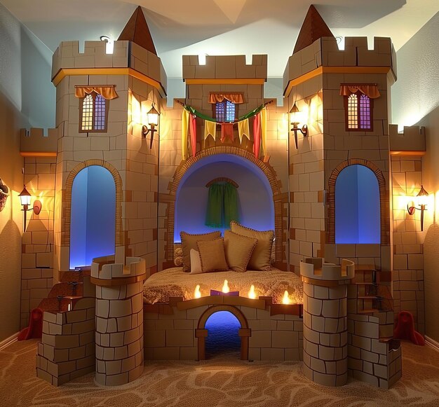 Castello di fantasia con un letto e un baldacchino rendering 3D