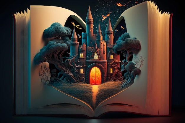 Castello di fantasia in un libro di fiabe Rete neurale Arte generata dall'intelligenza artificiale