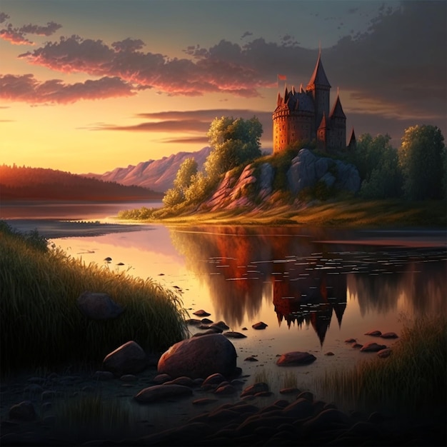 Castello di fiume al tramonto bel paesaggio in estate