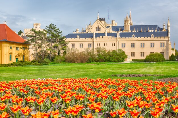 Castello di Lednice con bei fiori d'arancio in primavera