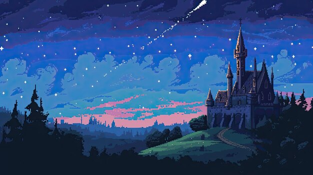 Castello di pixel nei raggi della luna Stile stelle buffone servitori regno principe cupo re principessa trono sudditi possedimenti eredità generato da AI