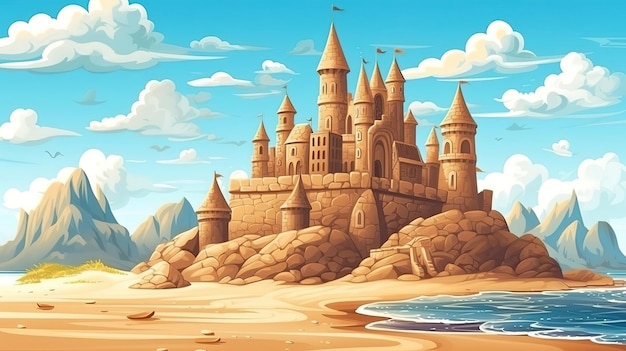 Castello di sabbia sul mare in estate Spiaggia in una bella giornata Generativo Ai