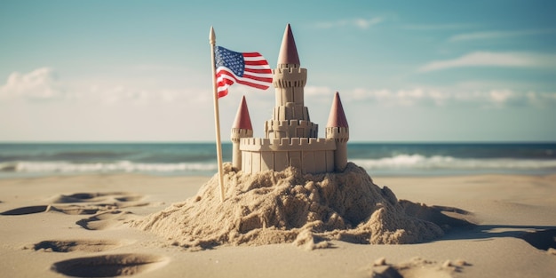 Castello di sabbia sulla costa con la bandiera degli Stati Uniti AI generativa