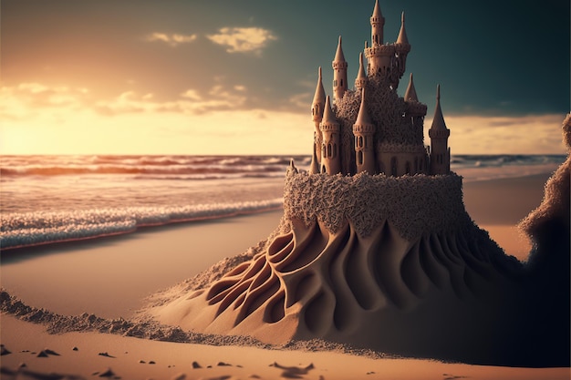 Castello di sabbia sulla spiaggia al tramonto