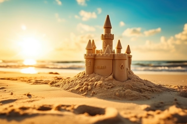 Castello di sabbia sulla spiaggia alla luce del sole