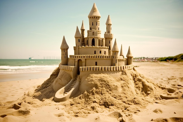 Castello di sabbia sulla spiaggia con cielo blu sullo sfondo IA generativa
