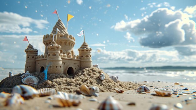 Castello di sabbia sulla spiaggia con un'abbondanza di conchiglie