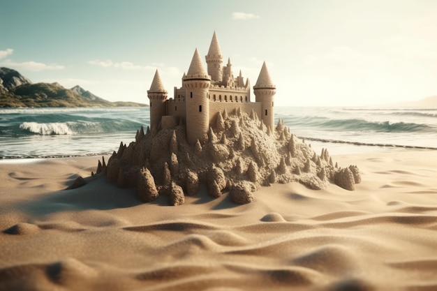 Castello di sabbia sulla spiaggia IA generativa Paesaggio fantasy