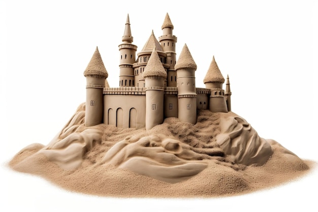 Castello di tumulo di sabbia su sfondo bianco IA generativa