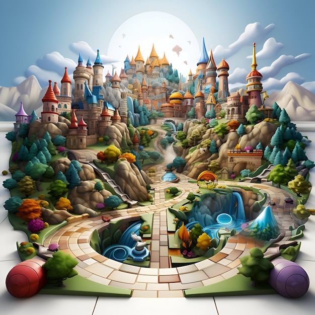 Castello fantasy nel mezzo di un rendering 3D di un paesaggio fantastico