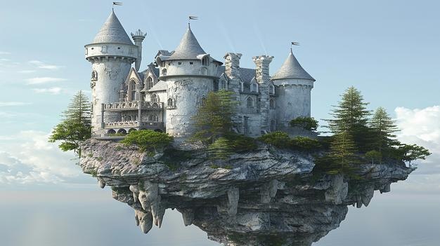 Castello galleggiante in cielo su roccia renderizzato in 3D