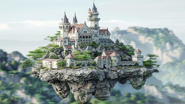 Castello galleggiante in cielo su roccia renderizzato in 3D