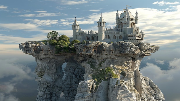 Castello galleggiante in cielo su roccia renderizzato in 3D