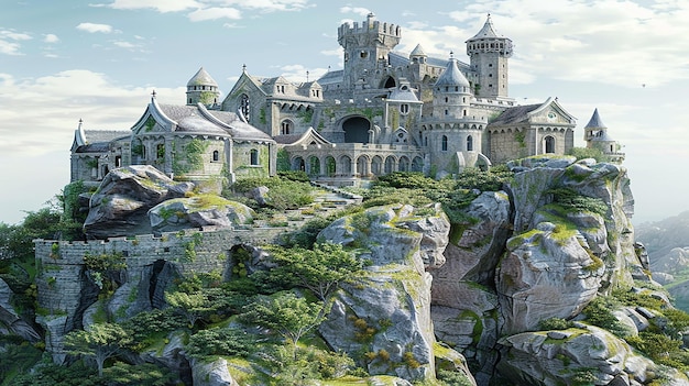 Castello galleggiante in cielo su roccia renderizzato in 3D