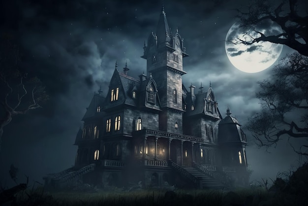 Castello gotico infestato di notte vecchia dimora spettrale un'intelligenza artificiale generativa della luna piena