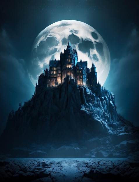 Castello in cima alla montagna con la luna piena sullo sfondo IA generativa