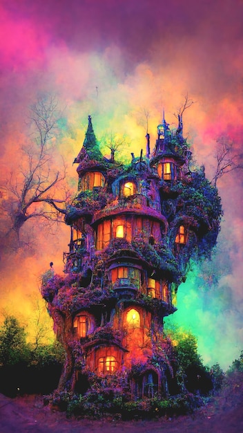 Castello magico della casa sull'albero stregato da favola di Halloween con uno sfondo colorato