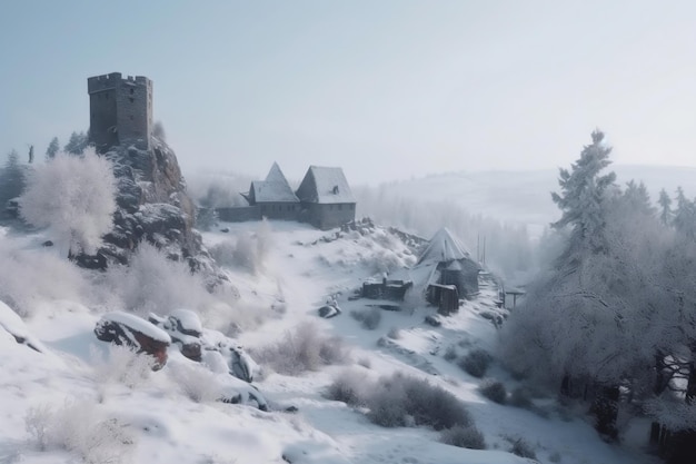 Castello medievale dimenticato e piccolo insediamento e freddo inverno generativo ai