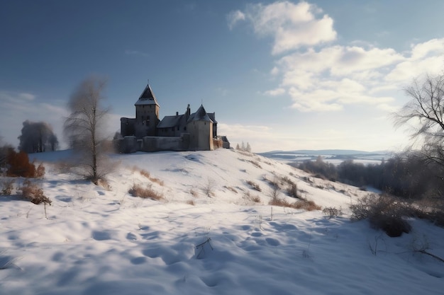 Castello medievale dimenticato e piccolo insediamento e freddo inverno generativo ai