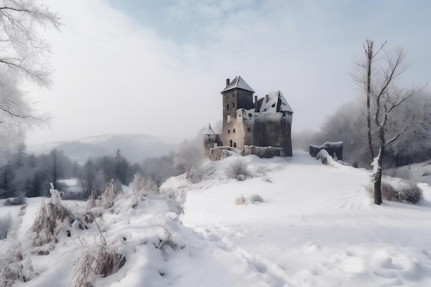 Castello medievale dimenticato e piccolo insediamento e freddo inverno generativo ai