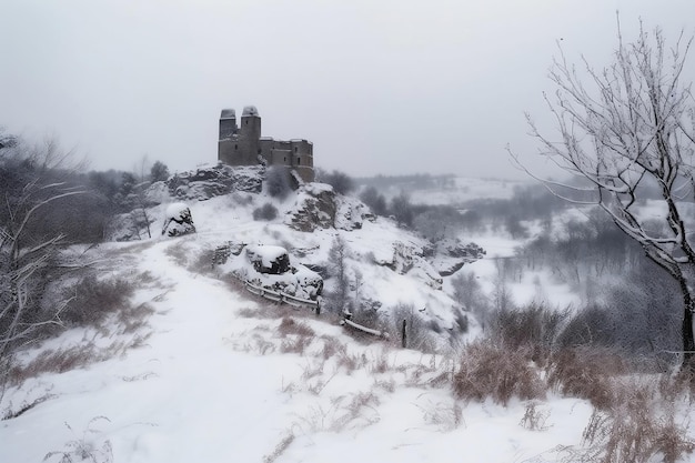 Castello medievale dimenticato e piccolo insediamento e freddo inverno generativo ai