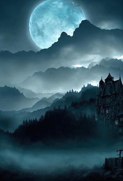 Castello mistico e spettrale nell'oscurità e nei lampi Un antico castello storico