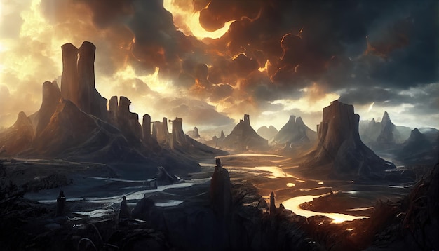 Castello oscuro nella valle cupa atmosfera dell'inferno illustrazione digitale