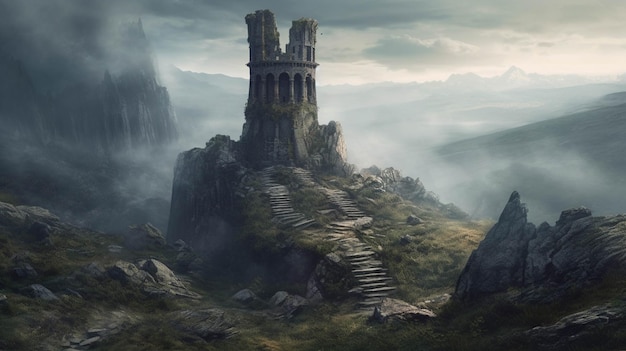 Castello oscuro nella valle Scena fantasy con una torre in rovina con scale AI Generative