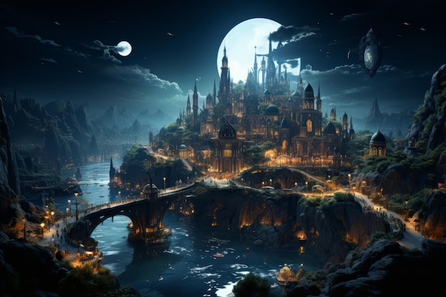Castello ponte e fiume sotto la luna piena Principessa Castello sulla scogliera Castello da favola