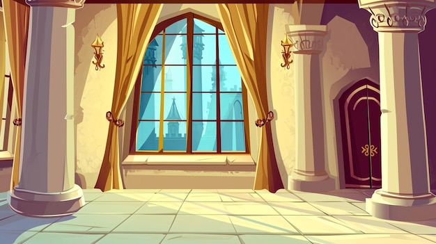 Castello reale sala da ballo interno sfondo cartone animato Sala da ballo medievale con tenda Generativo Ai