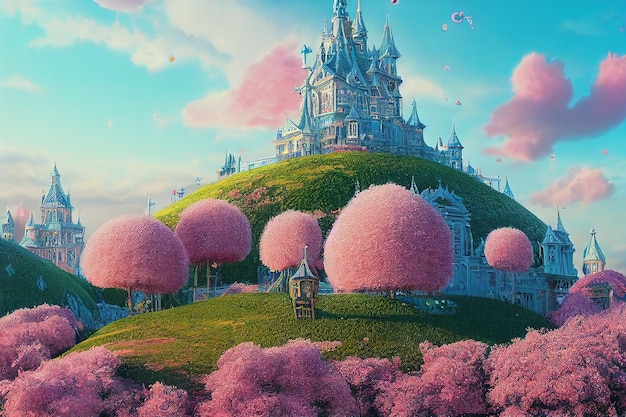 Castello sotto il cielo blu con soffici nuvole rosa erba verde e alberi con fogliame rosa illustrazione 3d