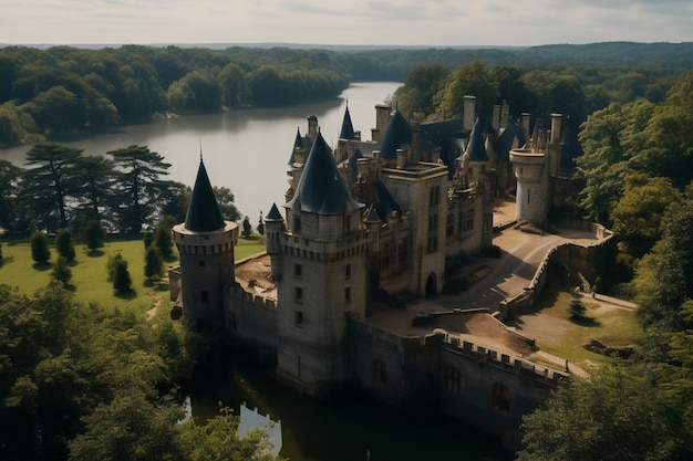 Castello su un lago con alberi sullo sfondo