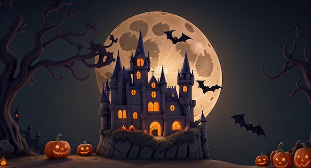 Castle Halloween Night Moon Sfondi di zucche luminose e pipistrelli in volo