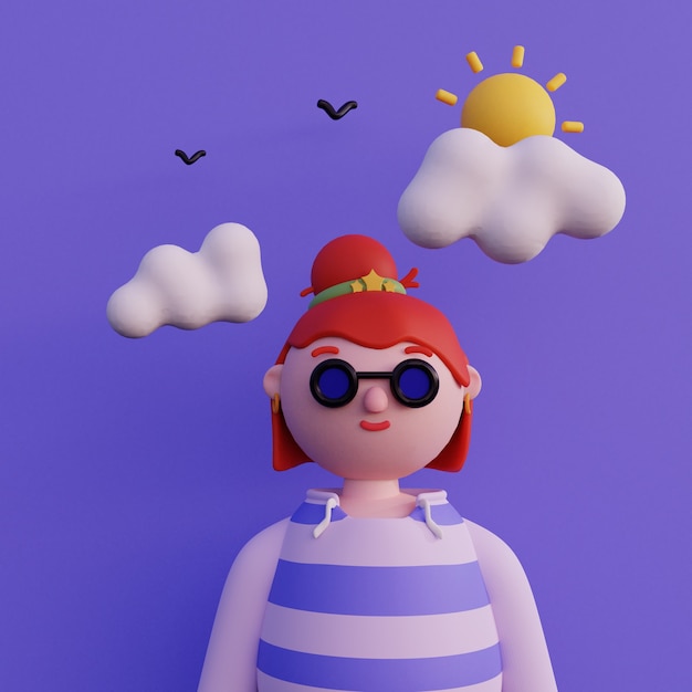 Casual giovane ragazza con gli occhiali in felpa con cappuccio con i capelli corti Avatar di giovane ragazza in stile arte minimale Ritratto luminoso di un personaggio dei cartoni animati ragazza rendering 3d